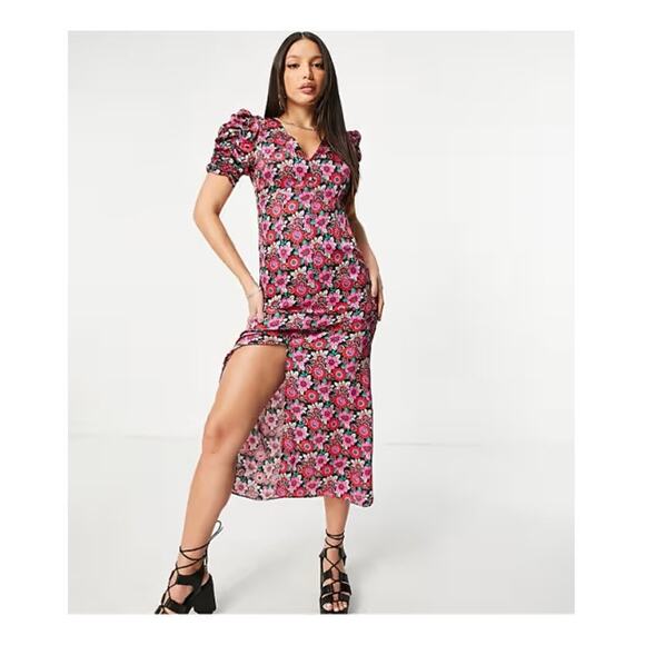 Topshop 70s Floral Midi Tea Dress Multicolor Womens 10 Tall Satin Hippie Ruffle - Picture 1 of 7
